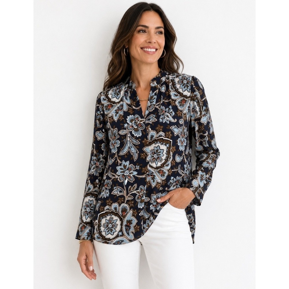Loft Floral Paisley Tunic Blouse Womens LP Navy Blue Turquoise New NWT 396835